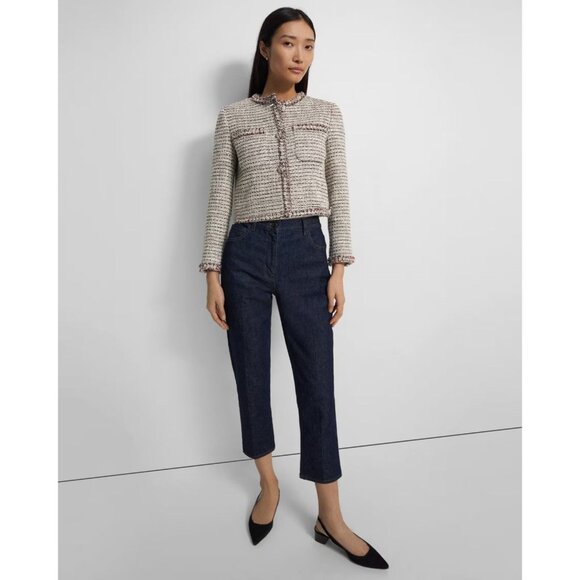 THEORY Preston Tweed Coral Multi Fringed Boxy Cropped Jacket, Size 6 - Picture 2 of 16